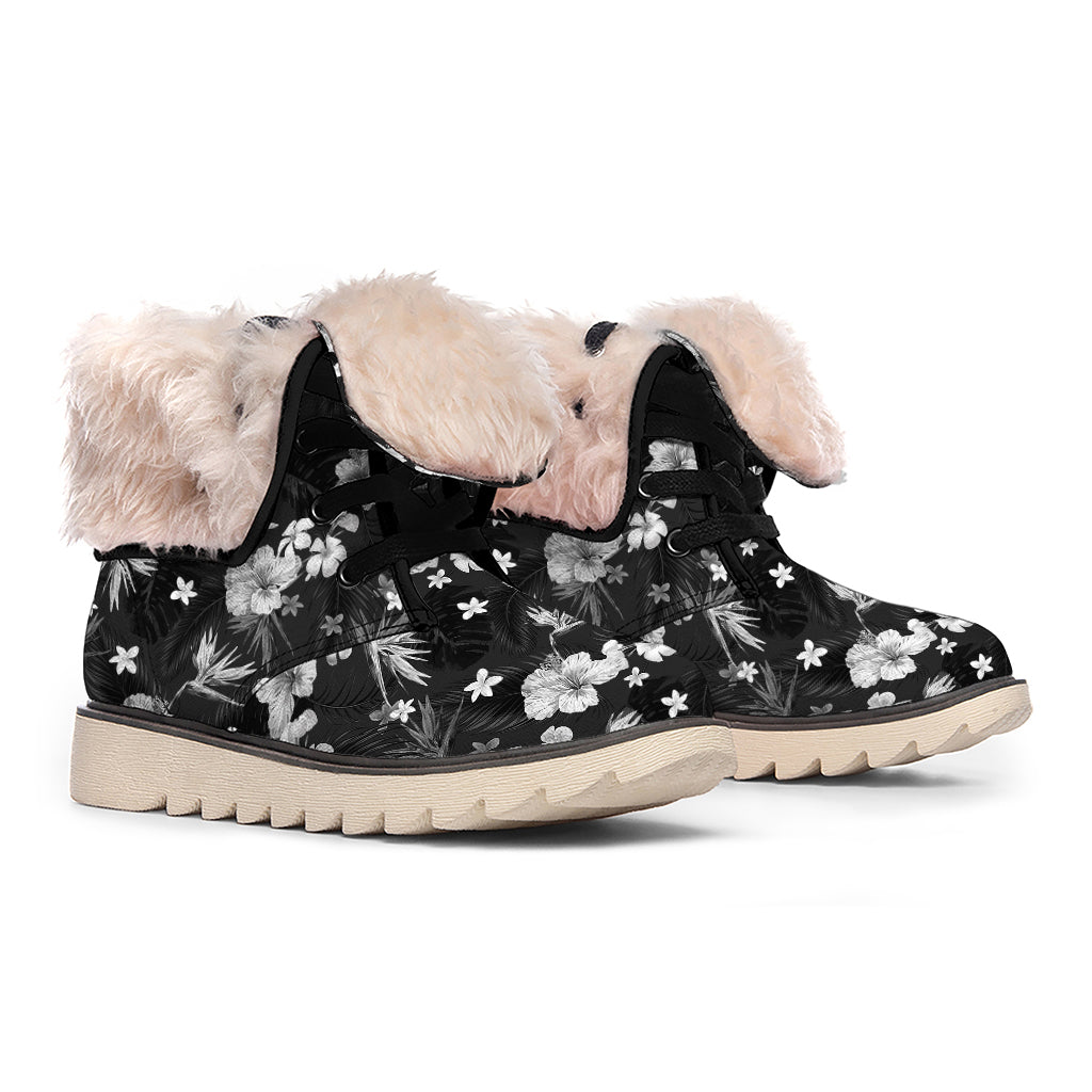 Monochrome Hawaiian Floral Print Winter Boots