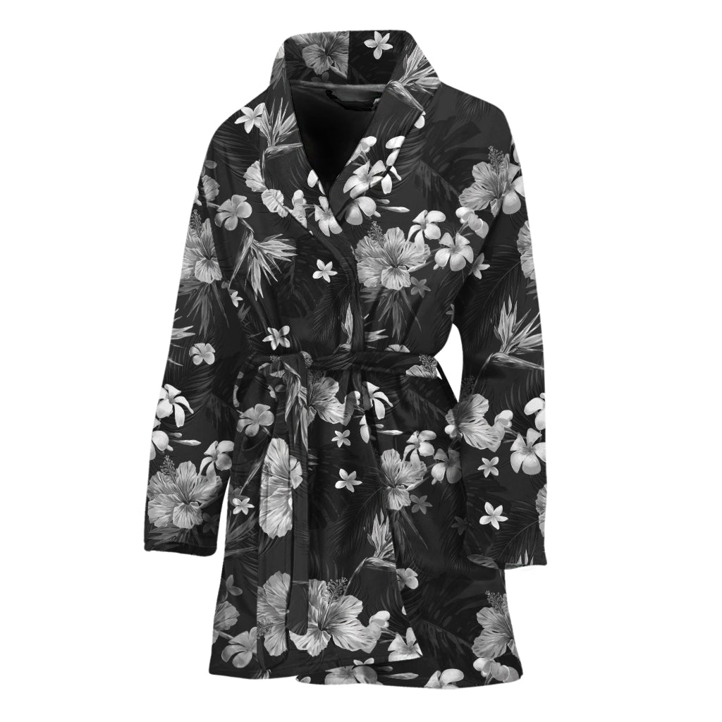 Monochrome Hawaiian Floral Print Women's Bathrobe