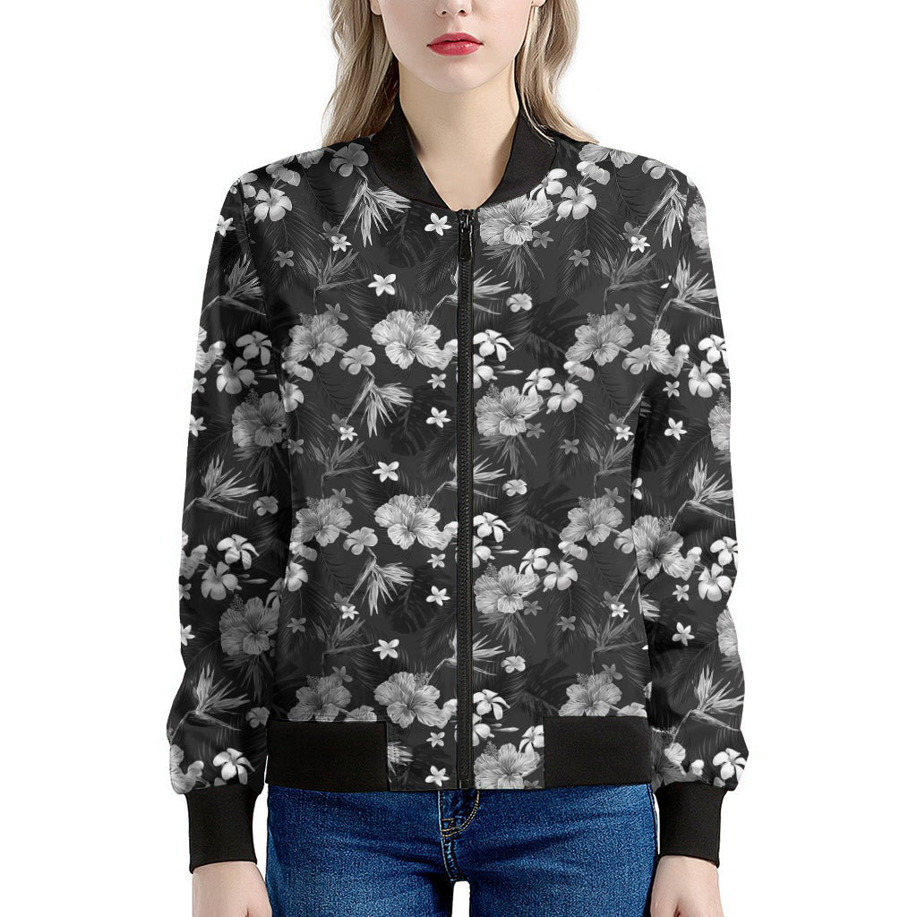 Monochrome Hawaiian Floral Print Women's Bomber Jacket