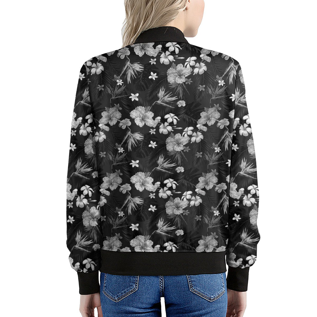 Monochrome Hawaiian Floral Print Women's Bomber Jacket