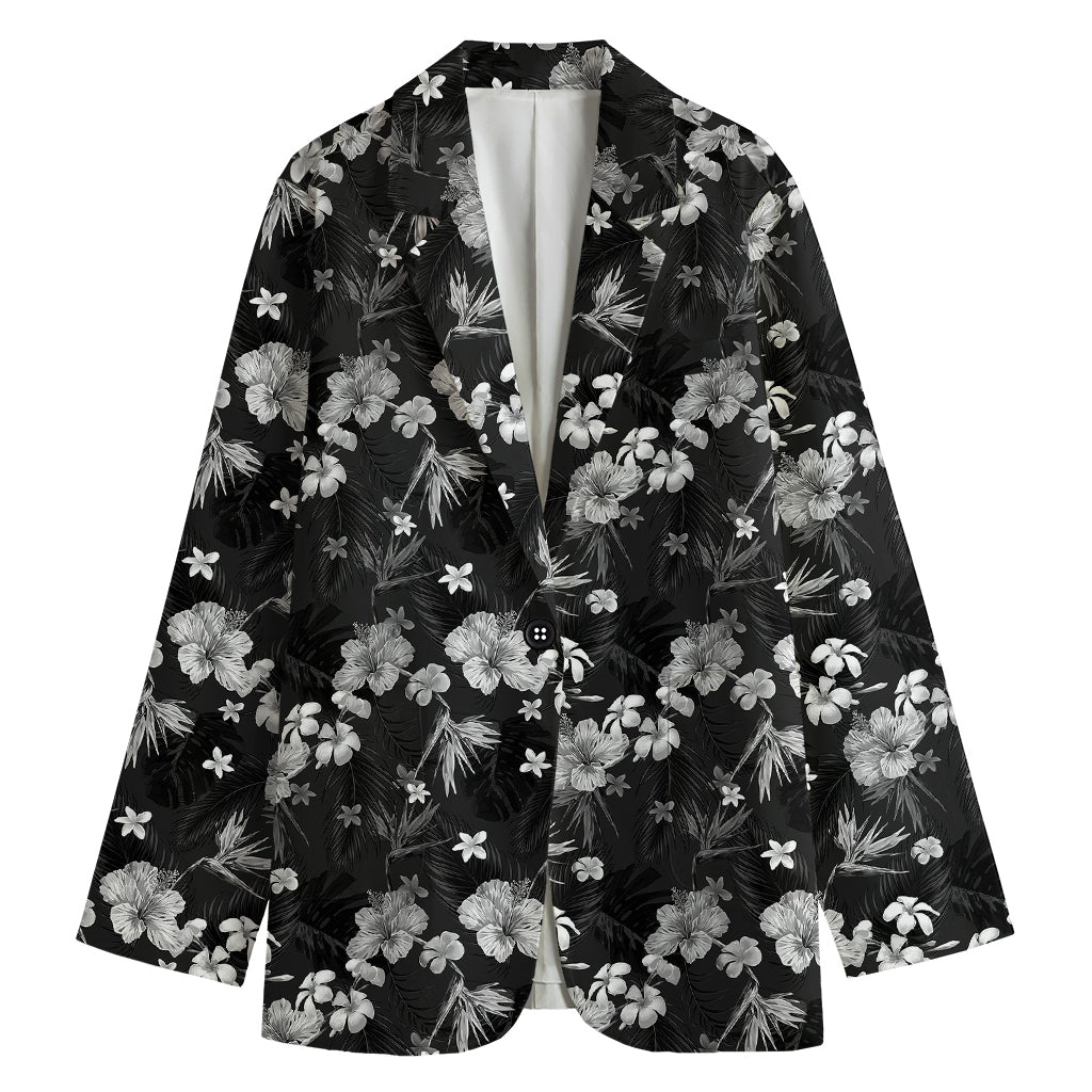 Monochrome Hawaiian Floral Print Women's Cotton Blazer