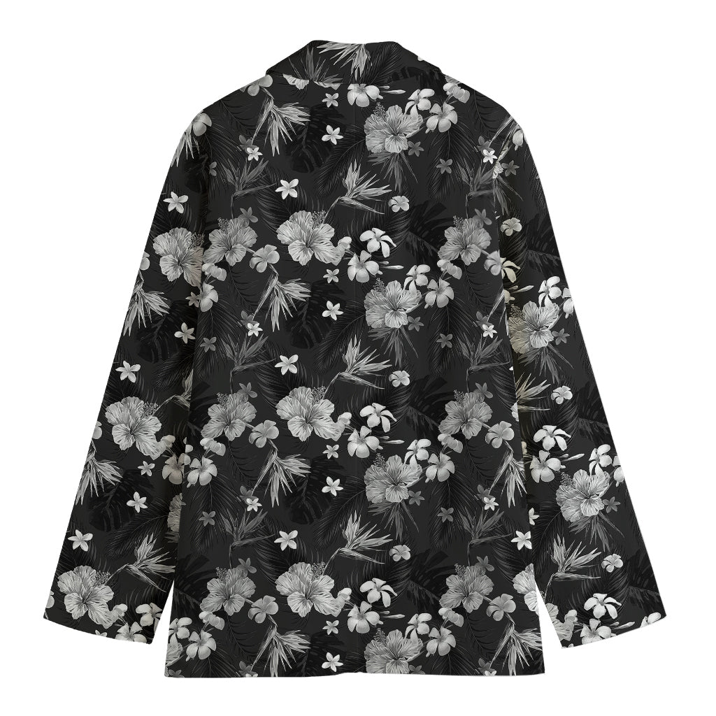 Monochrome Hawaiian Floral Print Women's Cotton Blazer