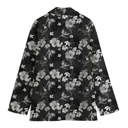 Monochrome Hawaiian Floral Print Women's Cotton Blazer
