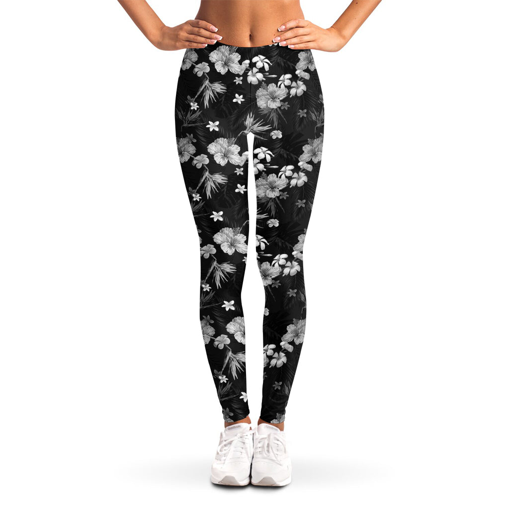 Monochrome Hawaiian Floral Print Women's Leggings