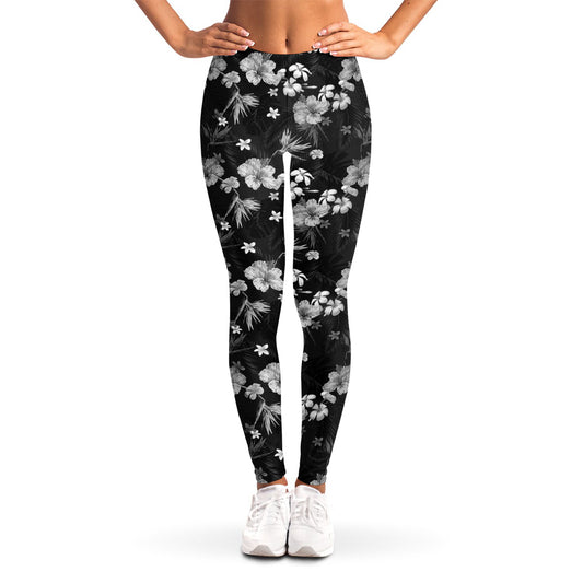 Monochrome Hawaiian Floral Print Women's Leggings