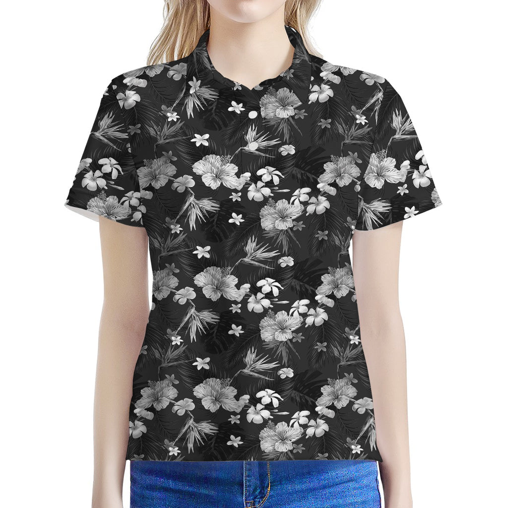 Monochrome Hawaiian Floral Print Women's Polo Shirt