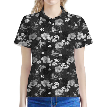 Monochrome Hawaiian Floral Print Women's Polo Shirt