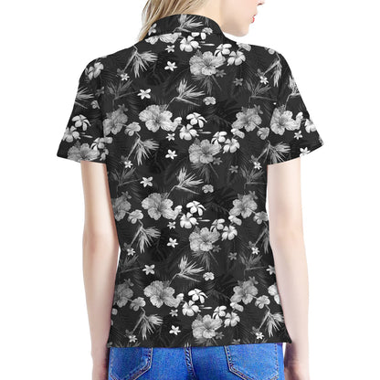 Monochrome Hawaiian Floral Print Women's Polo Shirt