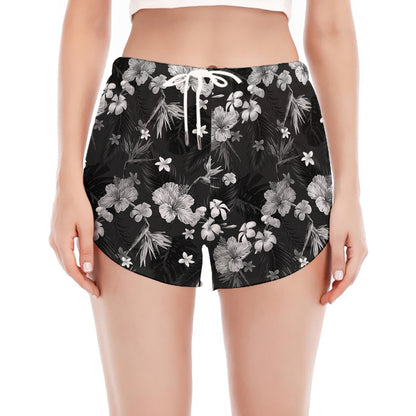Monochrome Hawaiian Floral Print Women's Split Running Shorts