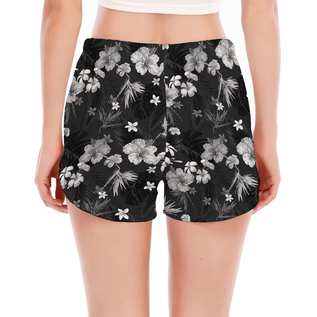 Monochrome Hawaiian Floral Print Women's Split Running Shorts