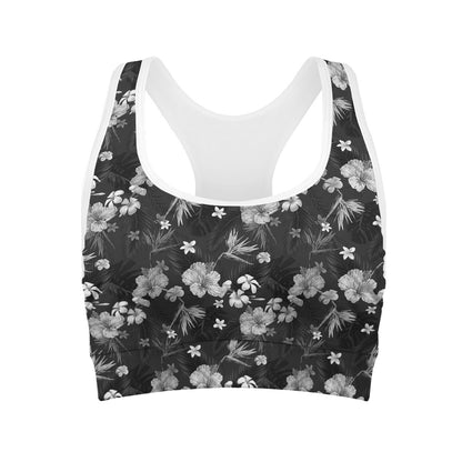 Monochrome Hawaiian Floral Print Women's Sports Bra