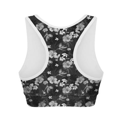 Monochrome Hawaiian Floral Print Women's Sports Bra