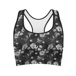 Monochrome Hawaiian Floral Print Women's Sports Bra