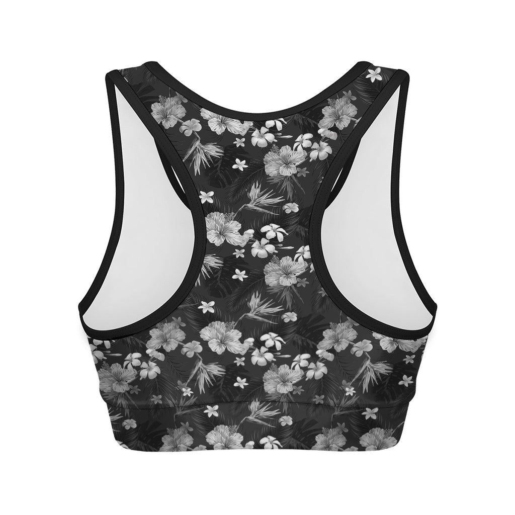 Monochrome Hawaiian Floral Print Women's Sports Bra