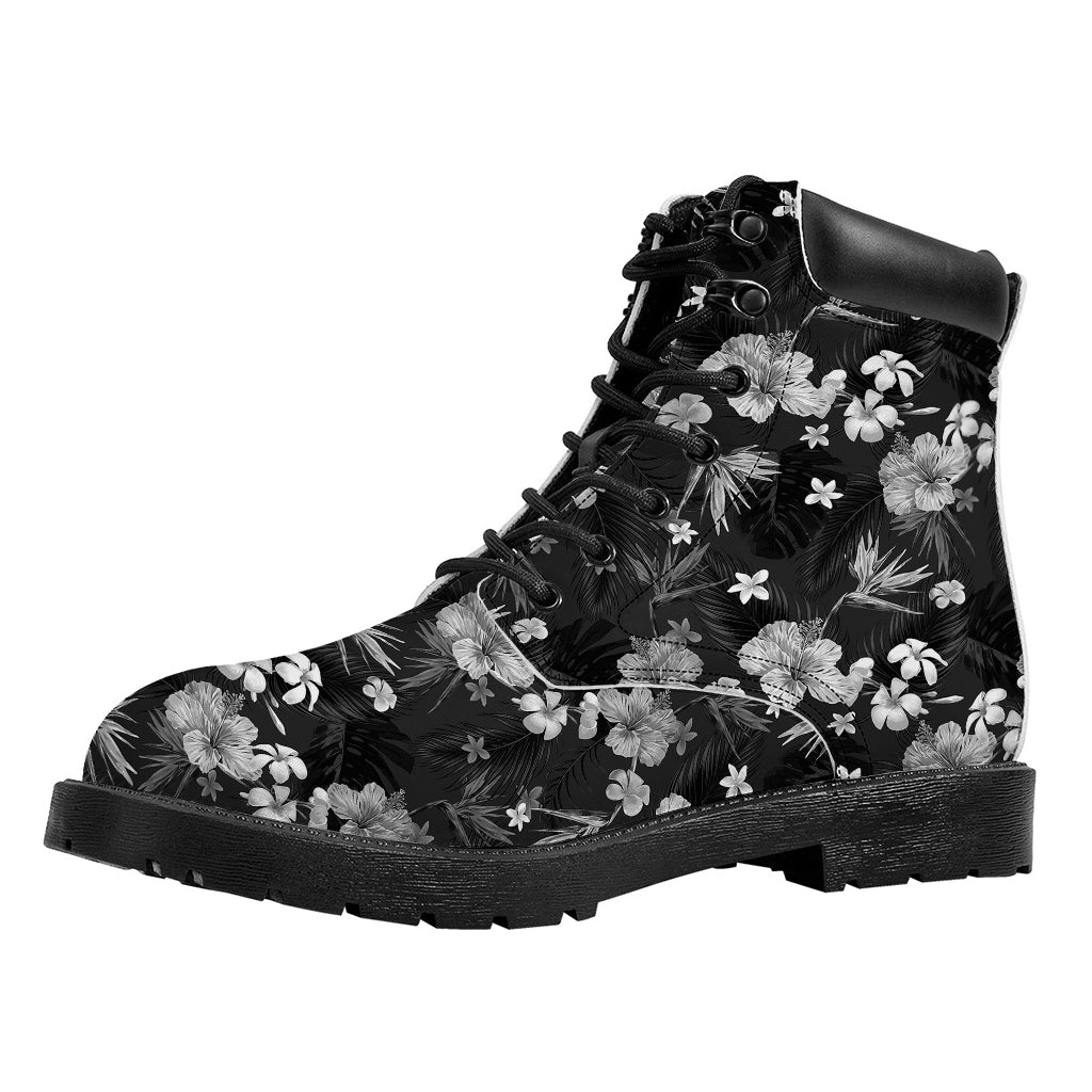 Monochrome Hawaiian Floral Print Work Boots