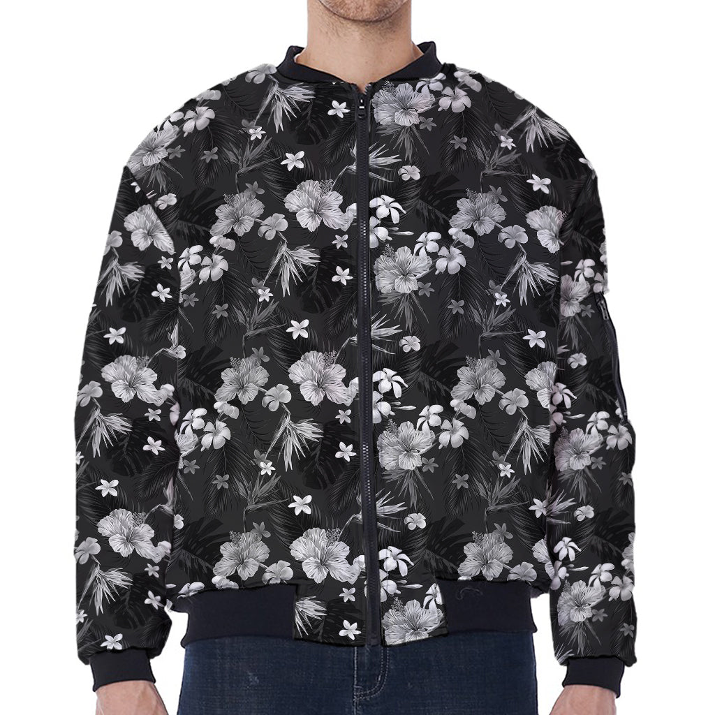 Monochrome Hawaiian Floral Print Zip Sleeve Bomber Jacket