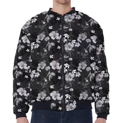 Monochrome Hawaiian Floral Print Zip Sleeve Bomber Jacket