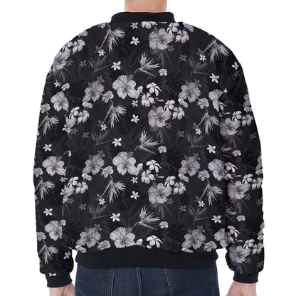 Monochrome Hawaiian Floral Print Zip Sleeve Bomber Jacket