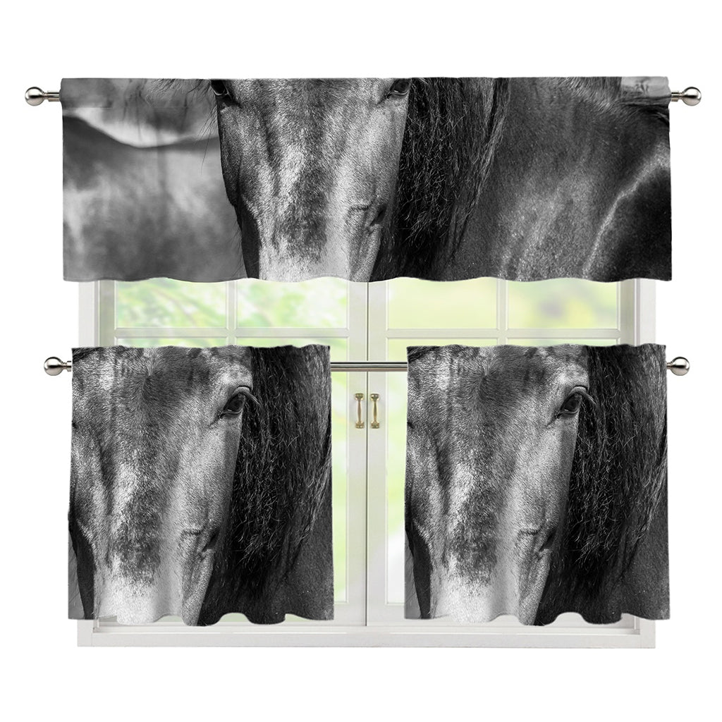 Monochrome Horse Print 3 Piece Kitchen Curtains