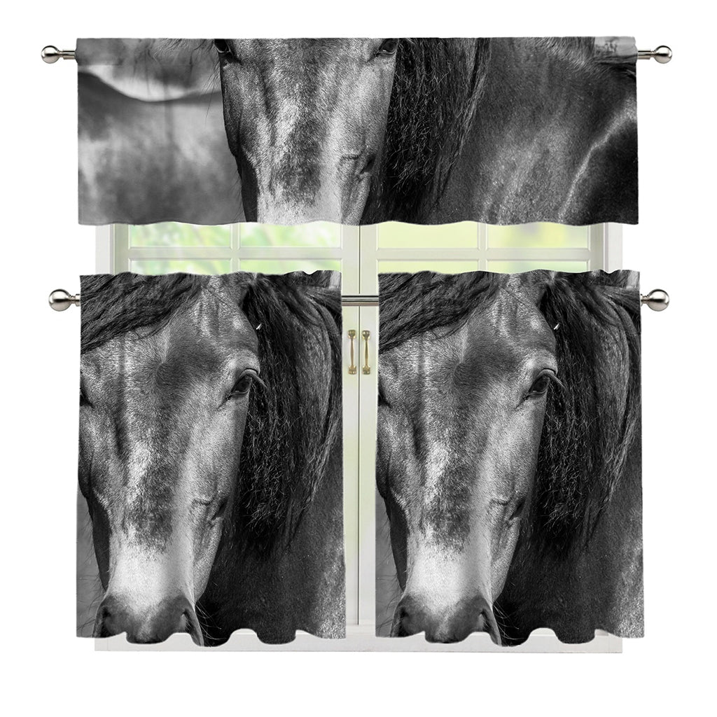 Monochrome Horse Print 3 Piece Kitchen Curtains