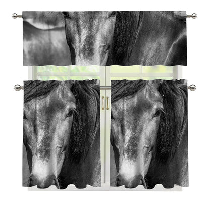 Monochrome Horse Print 3 Piece Kitchen Curtains
