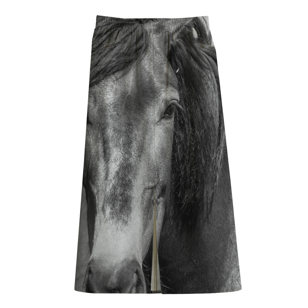 Monochrome Horse Print Cotton Front Slit Maxi Skirt