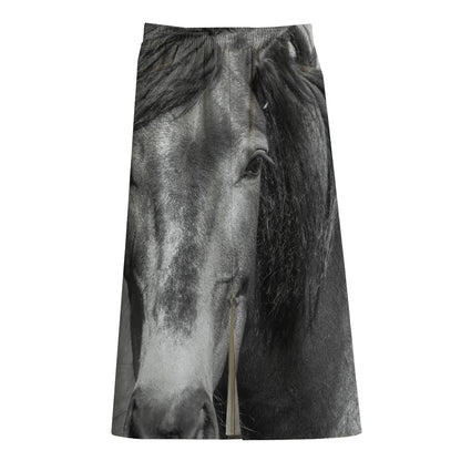 Monochrome Horse Print Cotton Front Slit Maxi Skirt