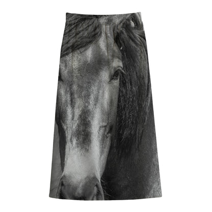 Monochrome Horse Print Cotton Front Slit Maxi Skirt
