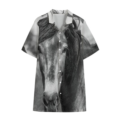 Monochrome Horse Print Cotton Hawaiian Shirt