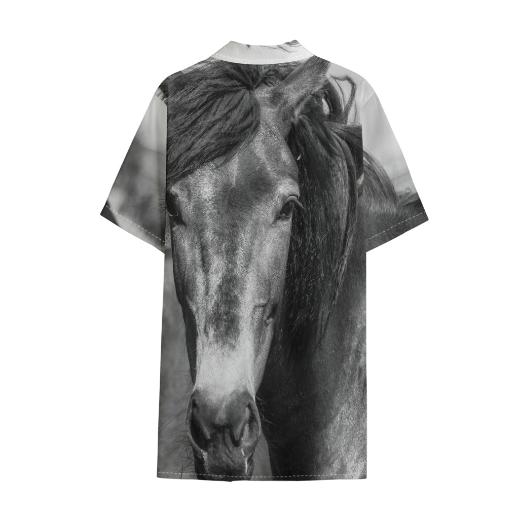 Monochrome Horse Print Cotton Hawaiian Shirt