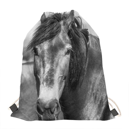 Monochrome Horse Print Drawstring Bag