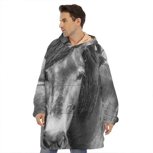 Monochrome Horse Print Hoodie Blanket