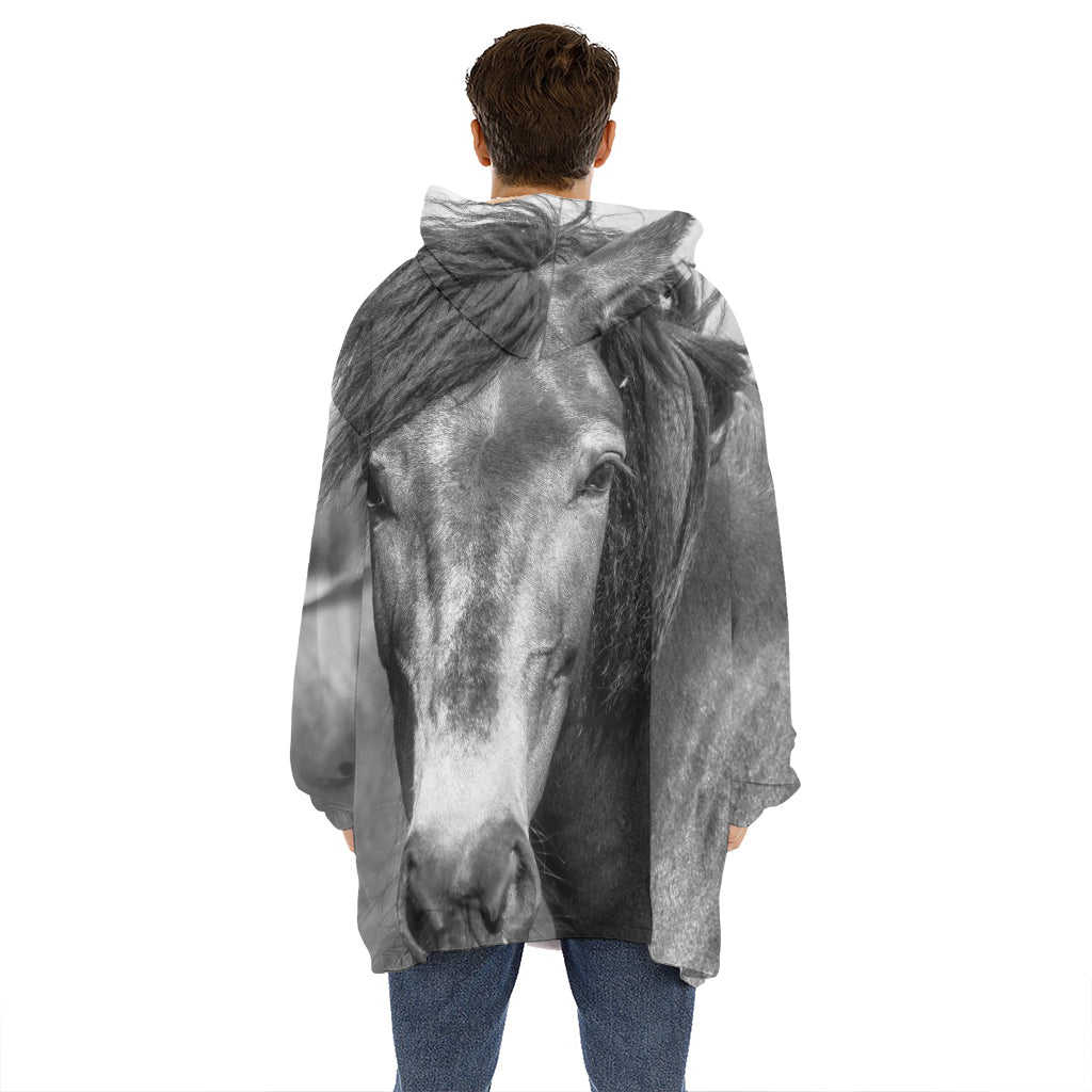 Monochrome Horse Print Hoodie Blanket