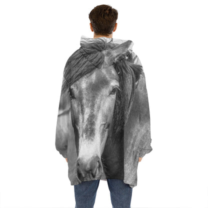 Monochrome Horse Print Hoodie Blanket