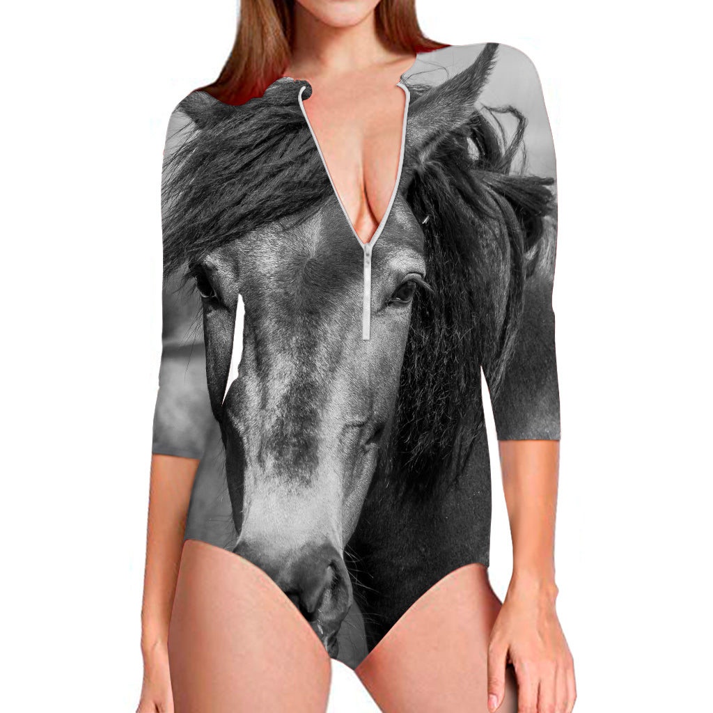 Monochrome Horse Print Long Sleeve Swimsuit