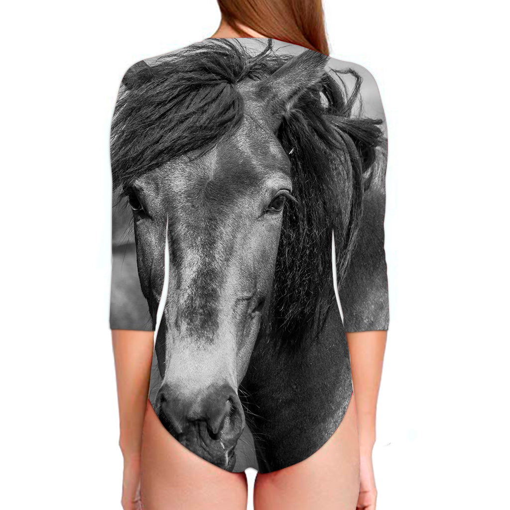 Monochrome Horse Print Long Sleeve Swimsuit