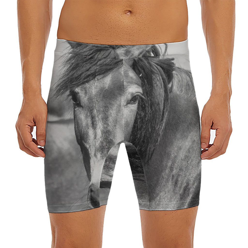 Monochrome Horse Print Men's Long Boxer Briefs