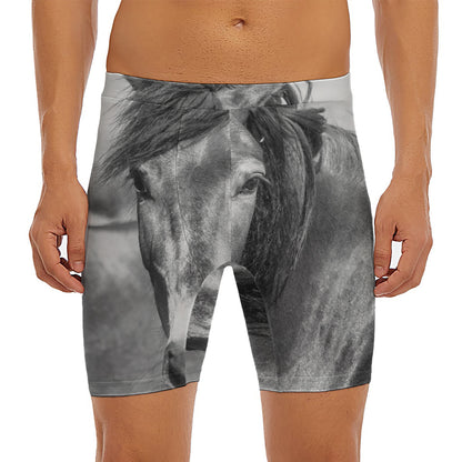Monochrome Horse Print Men's Long Boxer Briefs