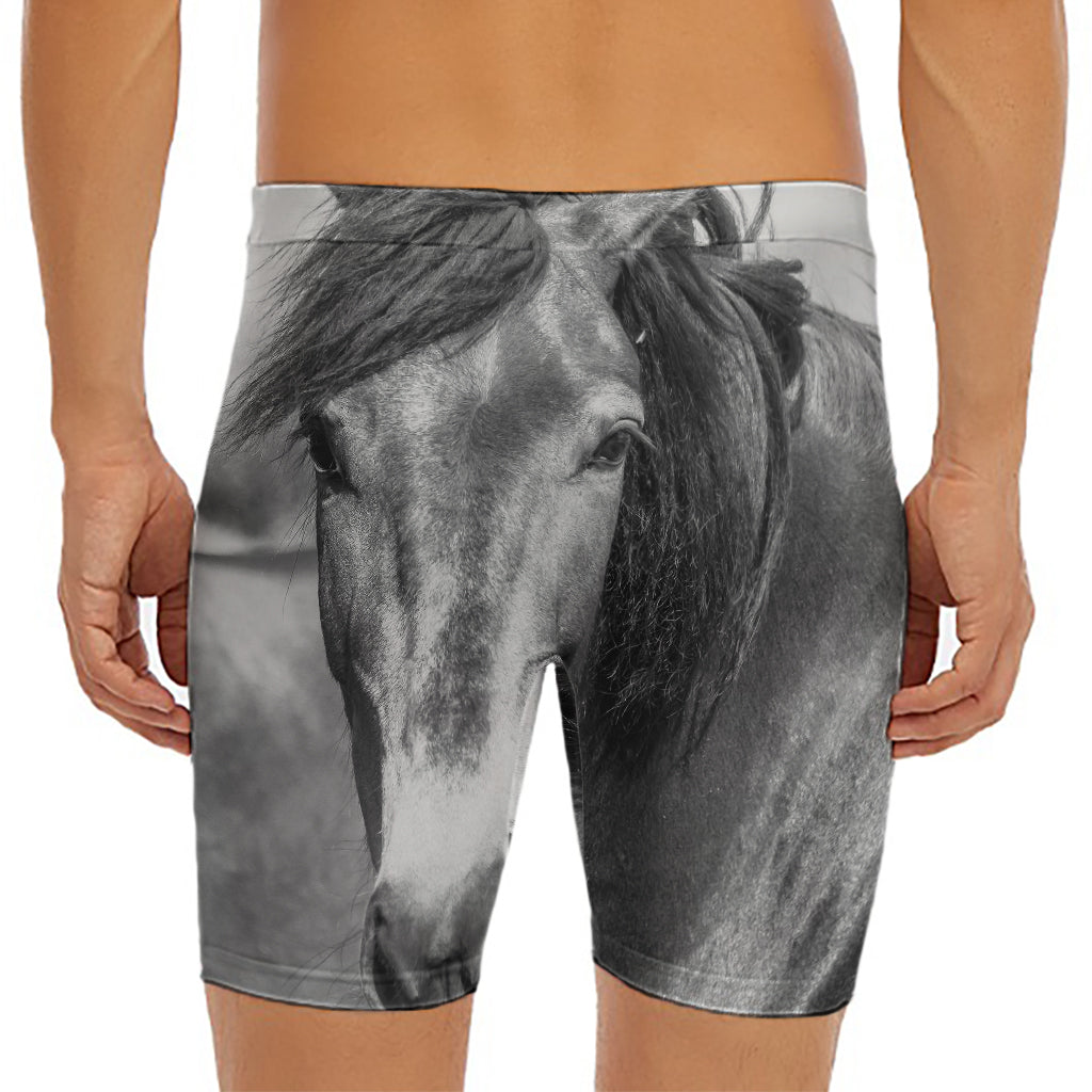 Monochrome Horse Print Men's Long Boxer Briefs