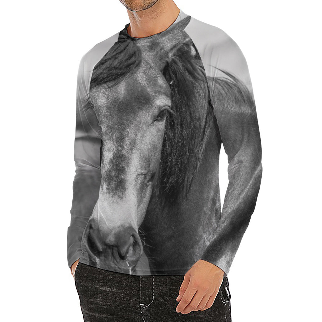 Monochrome Horse Print Men's Long Sleeve Rash Guard