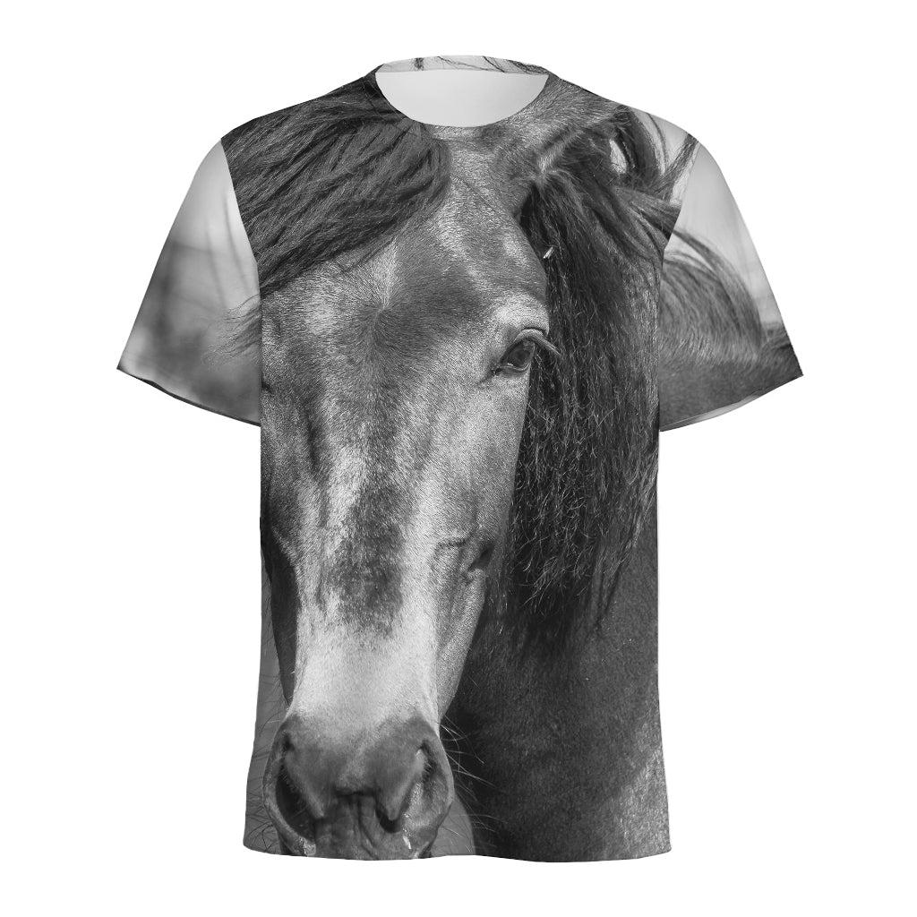 Monochrome Horse Print Men's Sports T-Shirt