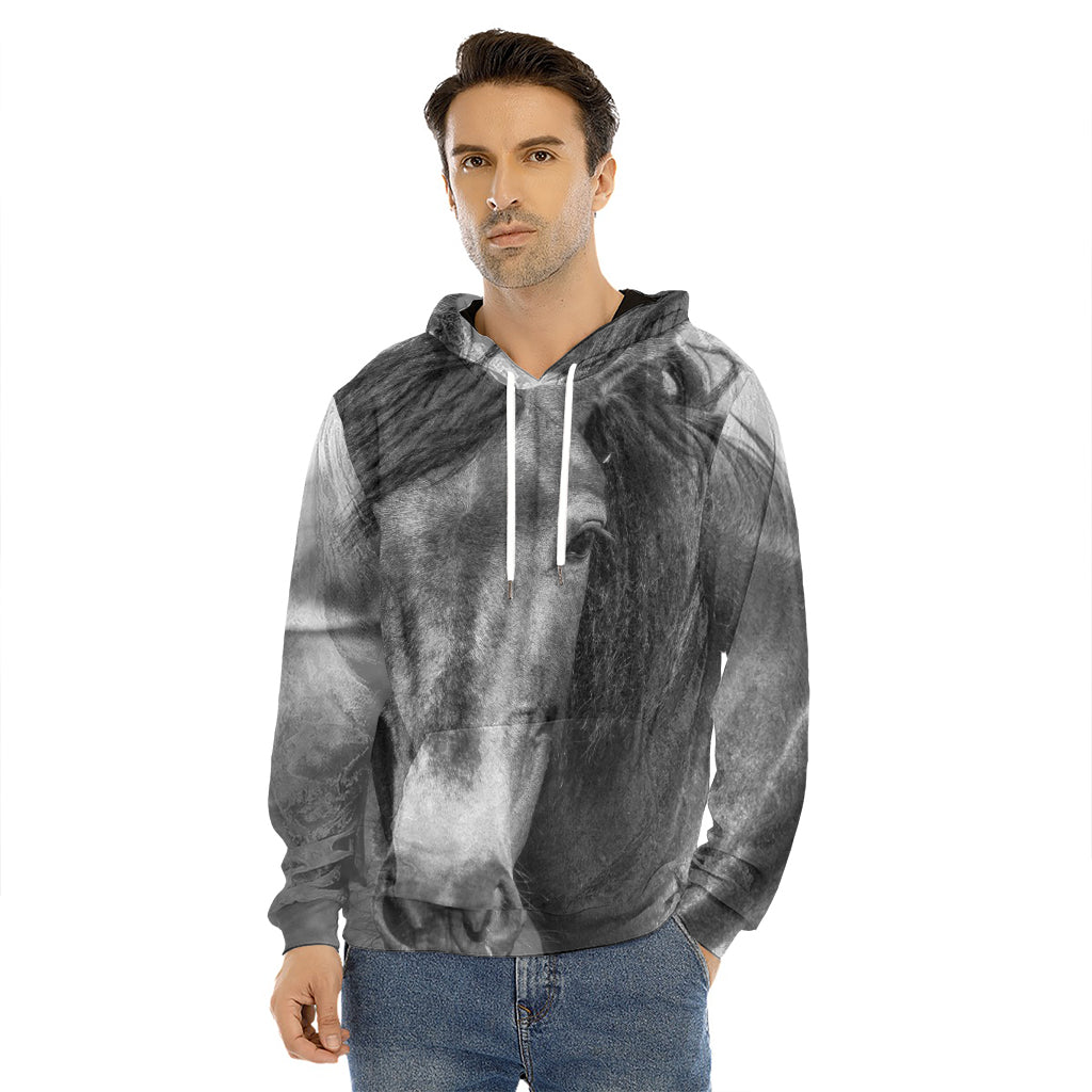 Monochrome Horse Print Men's Velvet Pullover Hoodie