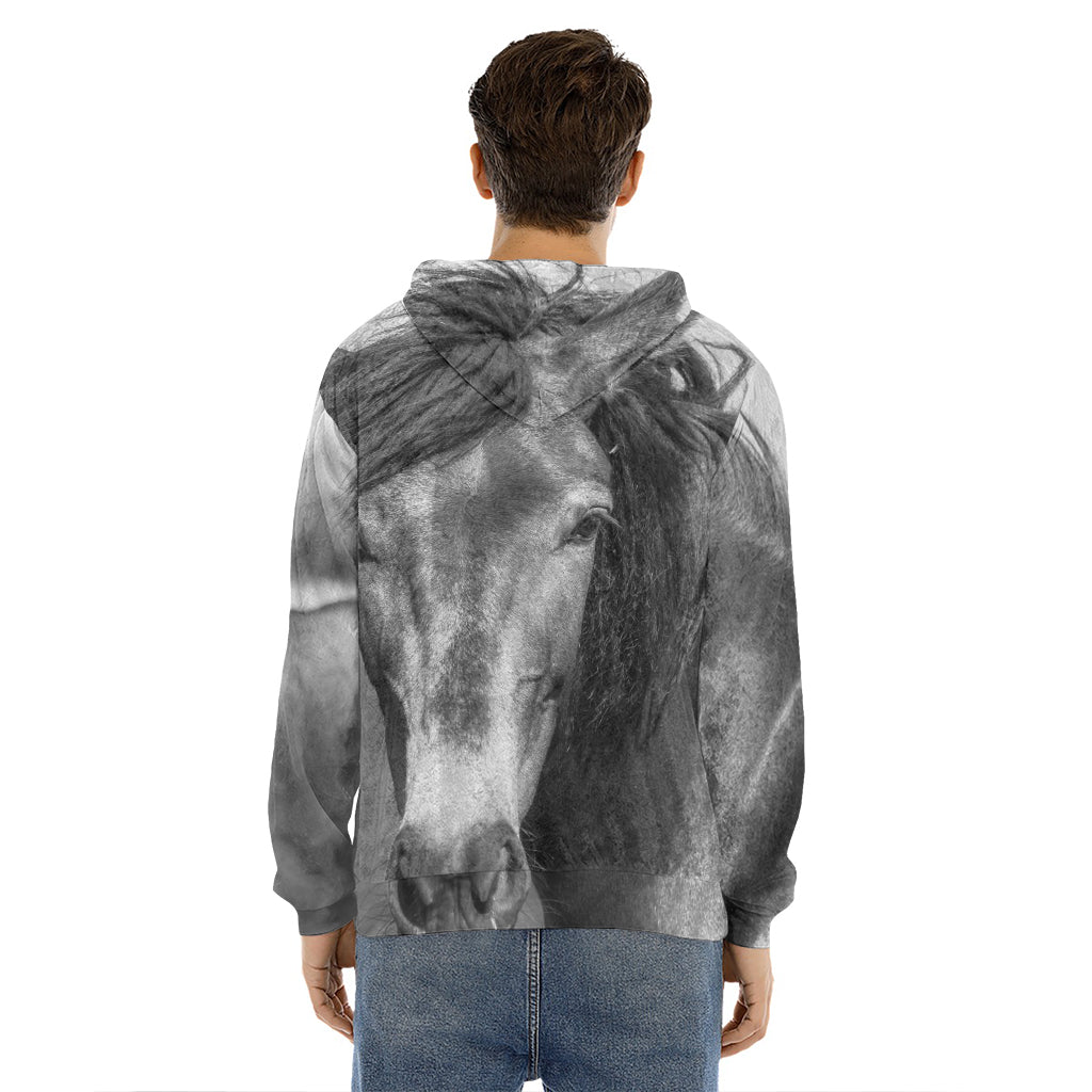 Monochrome Horse Print Men's Velvet Pullover Hoodie