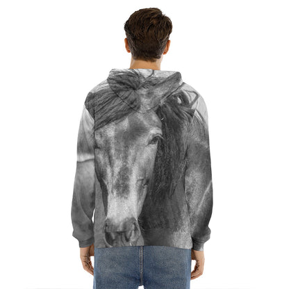 Monochrome Horse Print Men's Velvet Pullover Hoodie