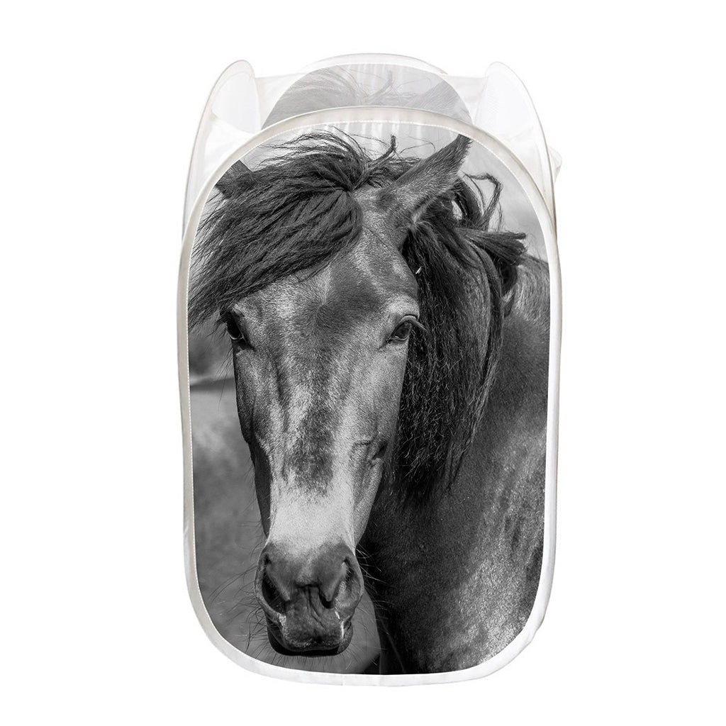 Monochrome Horse Print Mesh Laundry Hamper