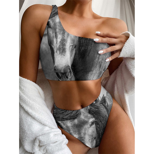 Monochrome Horse Print One Shoulder Bikini Top