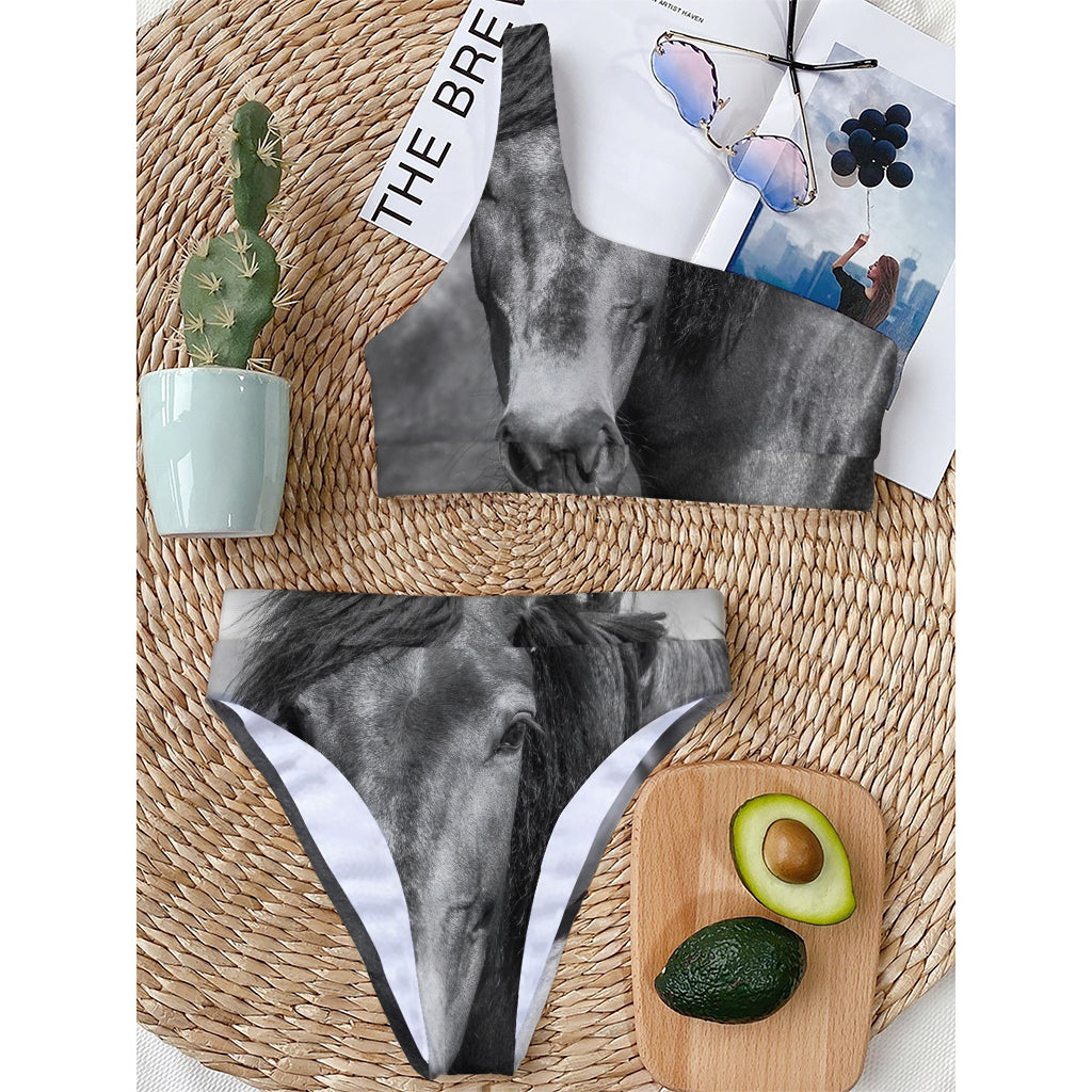 Monochrome Horse Print One Shoulder Bikini Top