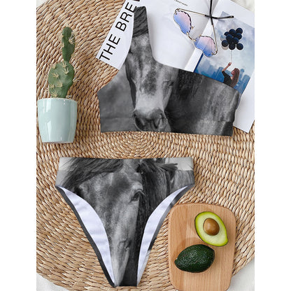 Monochrome Horse Print One Shoulder Bikini Top