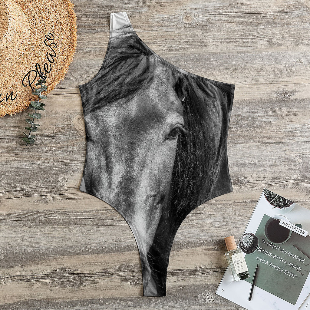 Monochrome Horse Print One Shoulder Bodysuit