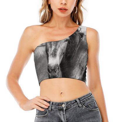 Monochrome Horse Print One Shoulder Crop Top